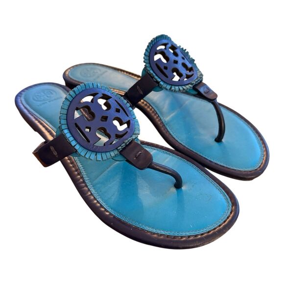 Tory Burch Flat Sandals Miller Fringe Sz 10 Navy Sea Blue Thong Flip Flop - Picture 1 of 11